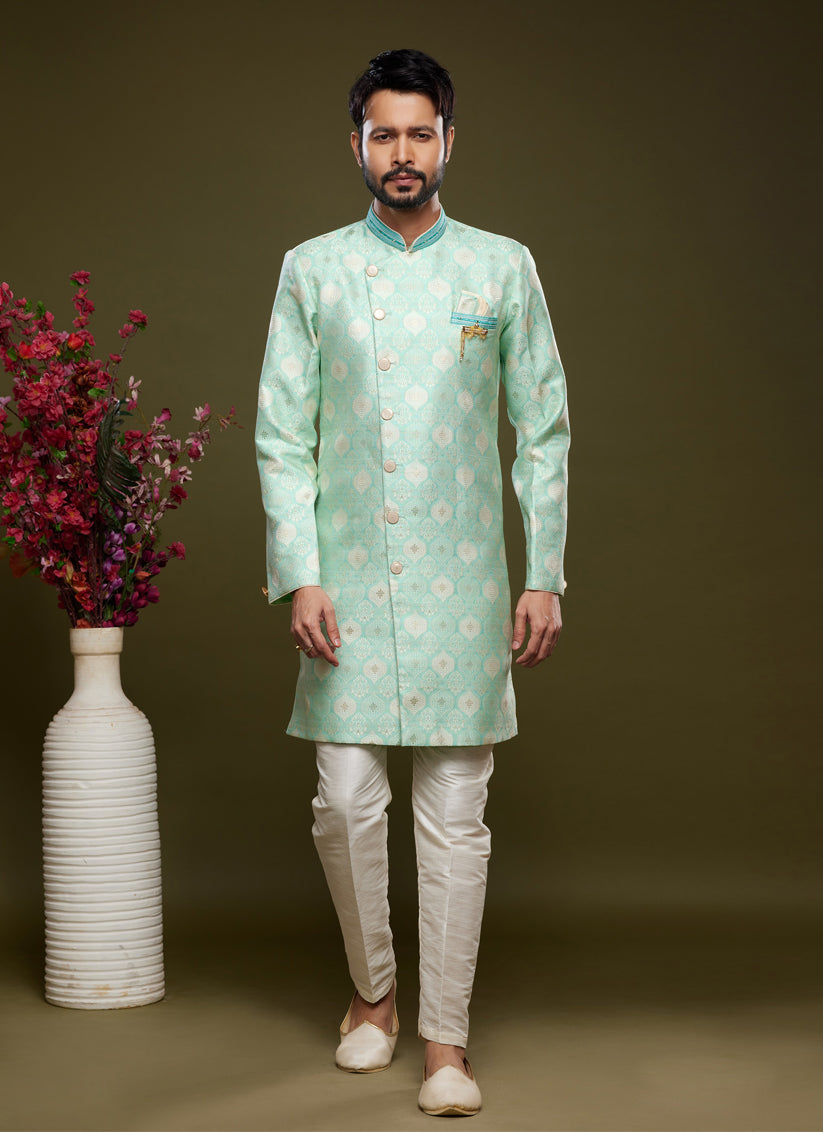 Pista Green Banarasi Jacquard Indo Western Outfit