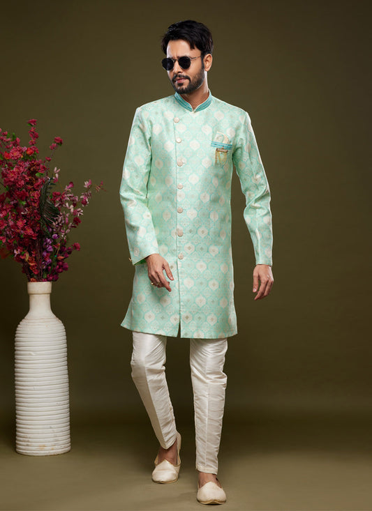 Pista Green Banarasi Jacquard Indo Western Outfit