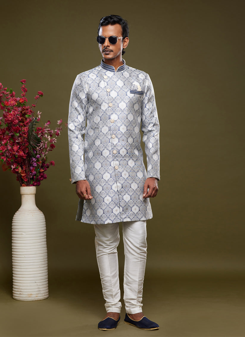 Grey Banarasi Jacquard Indo Western Outfit