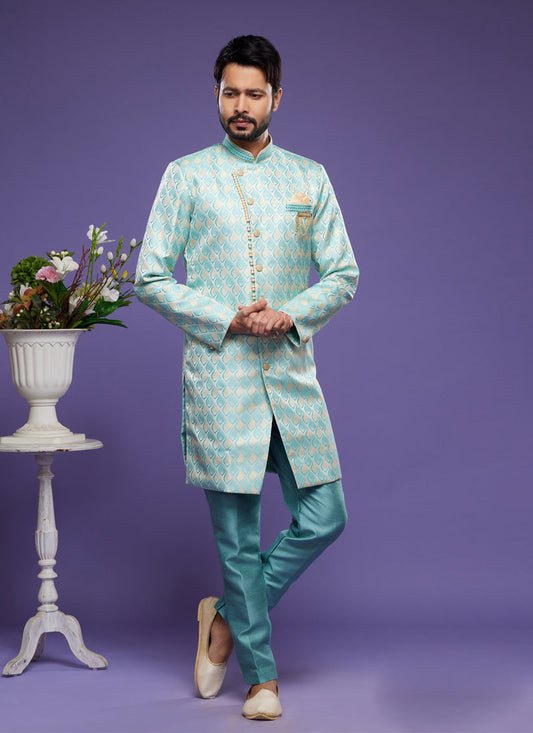 Turquoise Banarasi Jacquard Indo Western Outfit