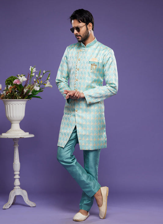 Turquoise Banarasi Jacquard Indo Western Outfit