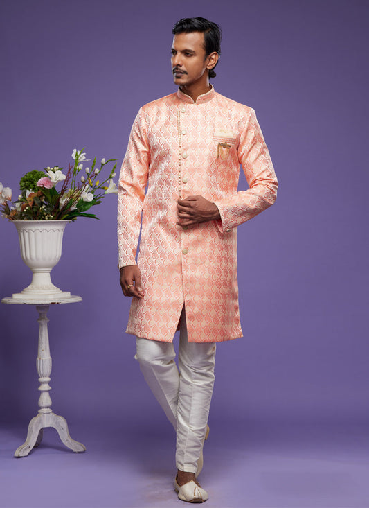 Salmon Pink Banarasi Jacquard Indo Western Outfit