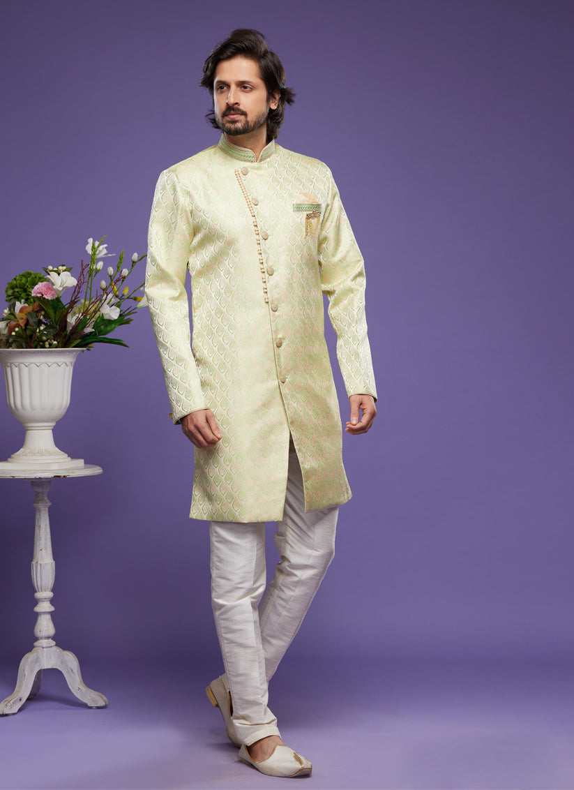 Pista Green Banarasi Jacquard Indo Western Outfit