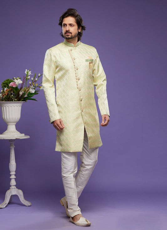 Pista Green Banarasi Jacquard Indo Western Outfit