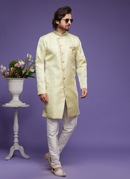 Pista Green Banarasi Jacquard Indo Western Outfit