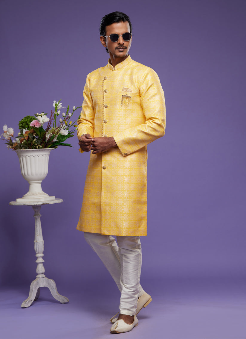 Yellow Banarasi Jacquard Indo Western Outfit