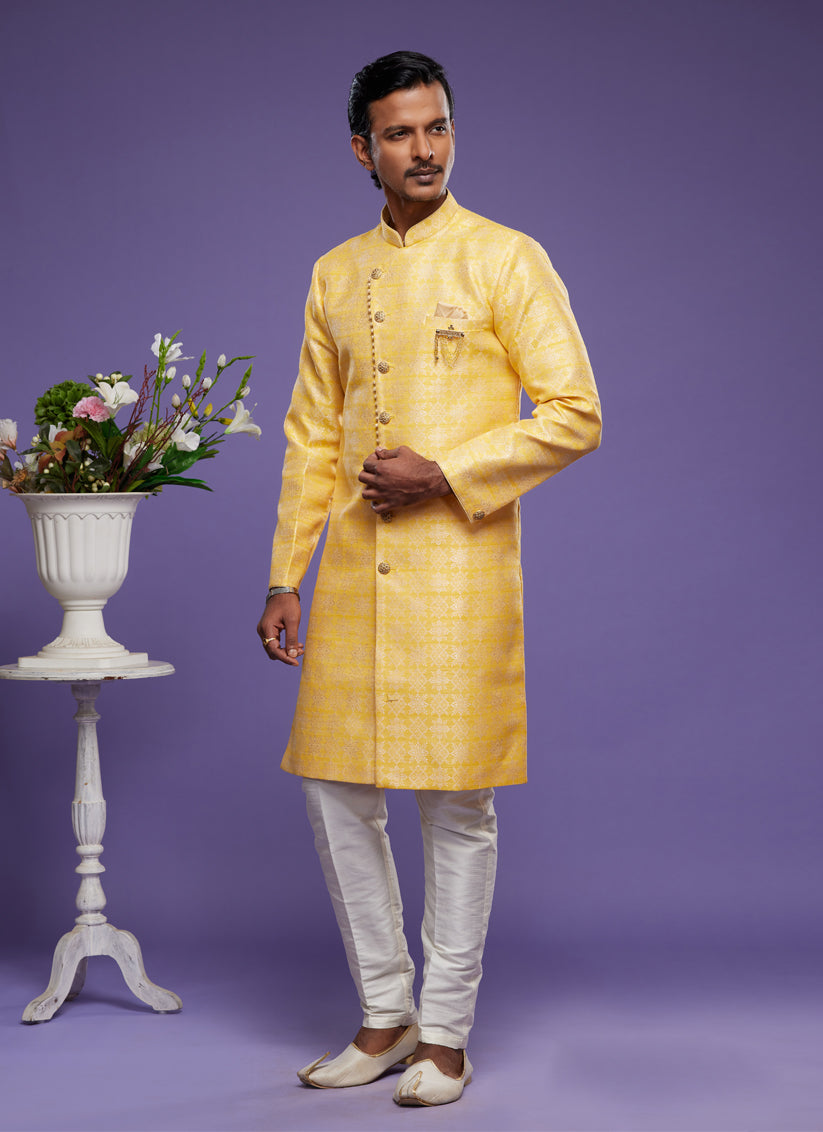 Yellow Banarasi Jacquard Indo Western Outfit