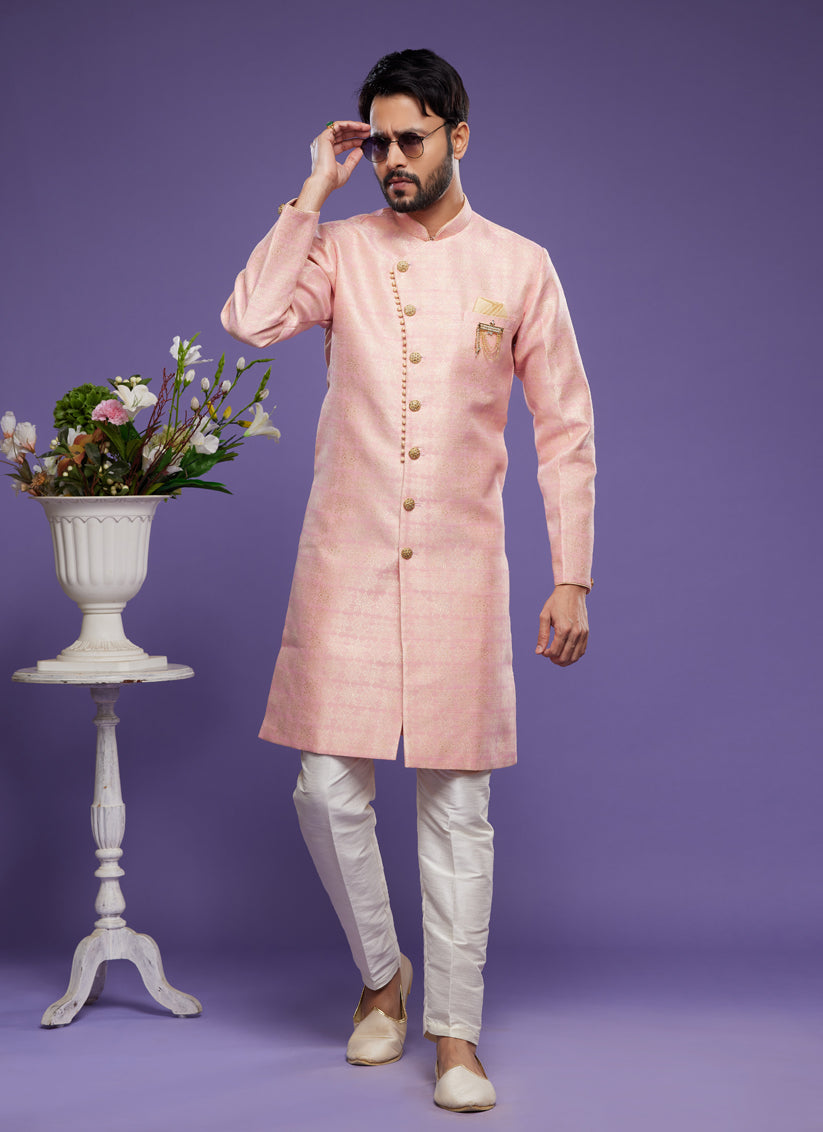 Pink Banarasi Jacquard Indo Western Outfit