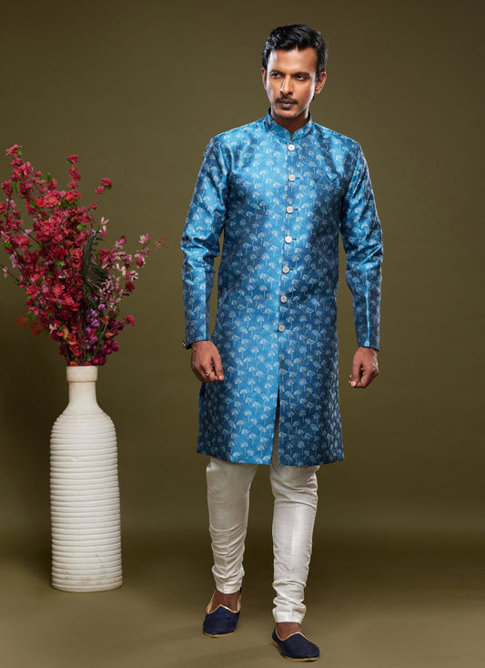 Azure Blue Banarasi Jacquard Indo Western Outfit