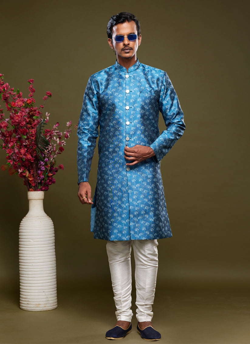 Azure Blue Banarasi Jacquard Indo Western Outfit