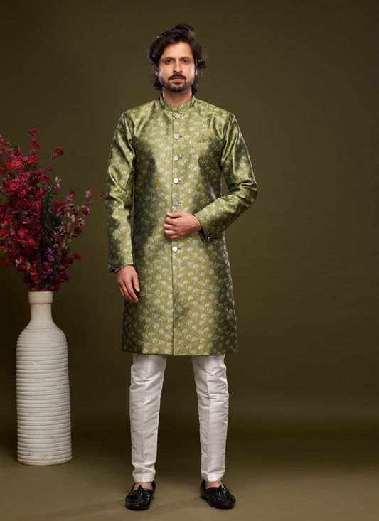 Olive Green Banarasi Jacquard Indo Western Outfit