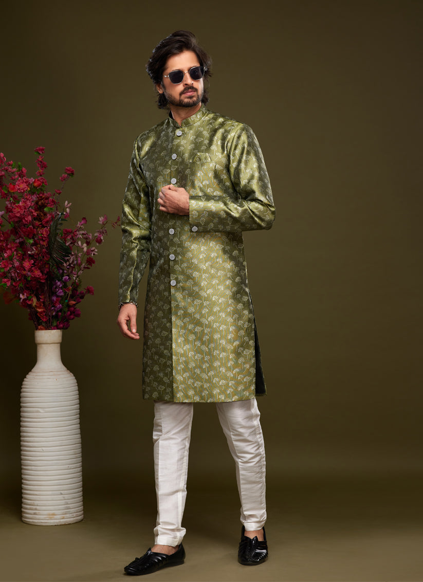 Olive Green Banarasi Jacquard Indo Western Outfit
