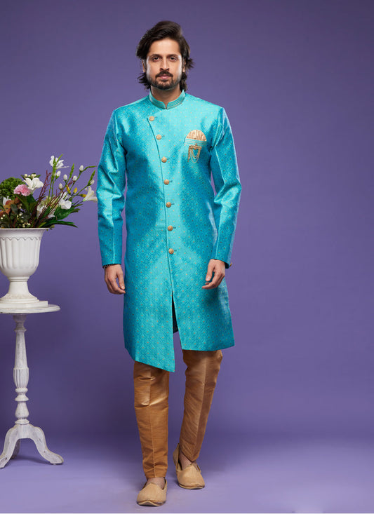 Teal Blue Banarasi Jacquard Indo Western Outfit