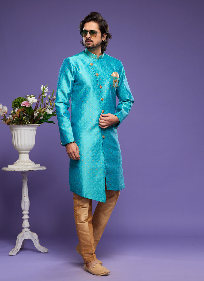 Teal Blue Banarasi Jacquard Indo Western Outfit