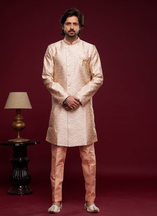 Peach Banarasi Jacquard Indo Western Outfit
