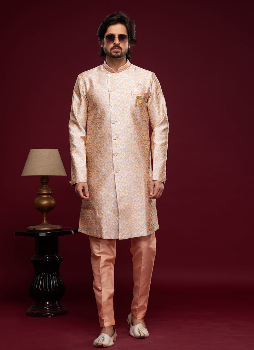 Peach Banarasi Jacquard Indo Western Outfit