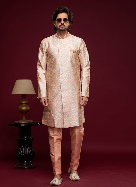 Peach Banarasi Jacquard Indo Western Outfit