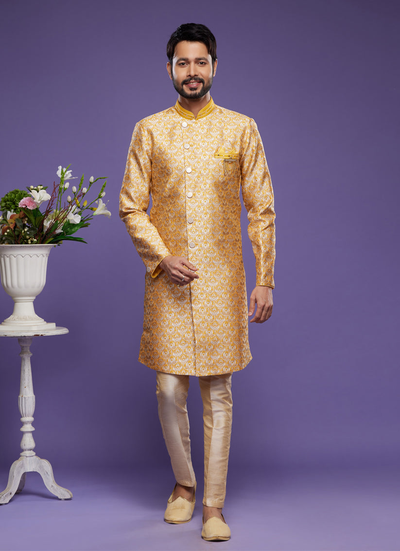 Yellow Banarasi Jacquard Indo Western Outfit