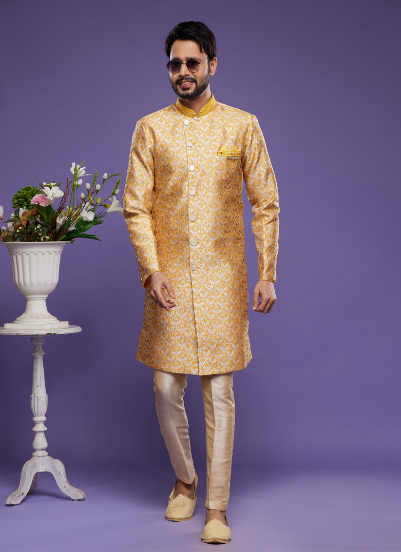 Yellow Banarasi Jacquard Indo Western Outfit