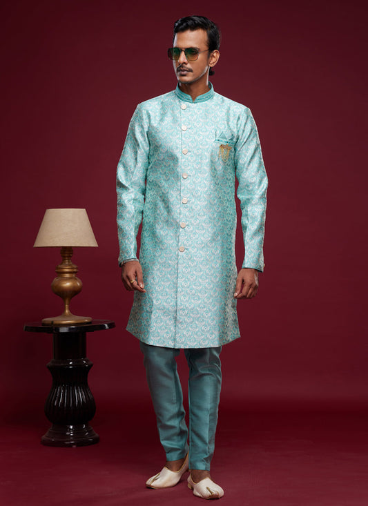 Turquoise Blue Banarasi Jacquard Indo Western Outfit