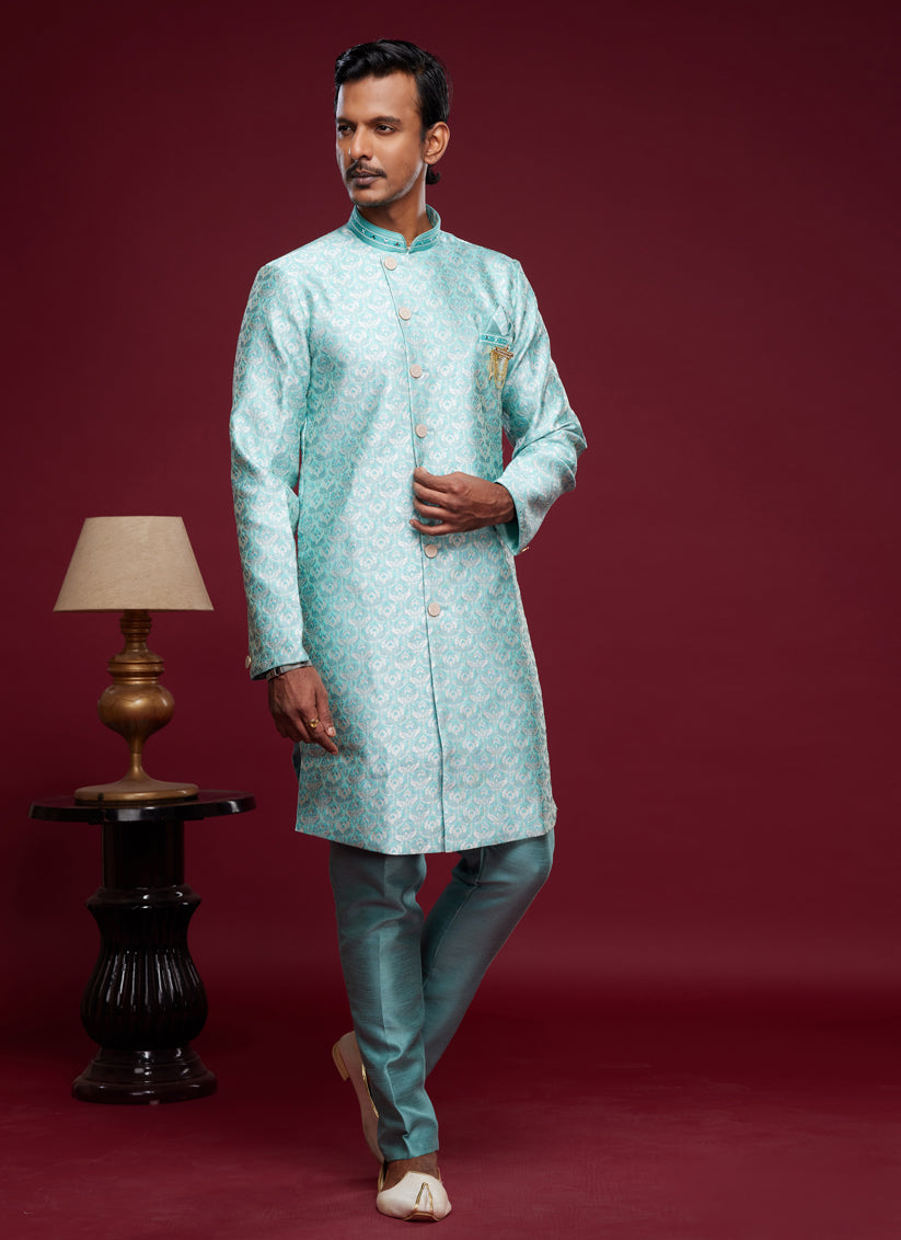 Turquoise Blue Banarasi Jacquard Indo Western Outfit