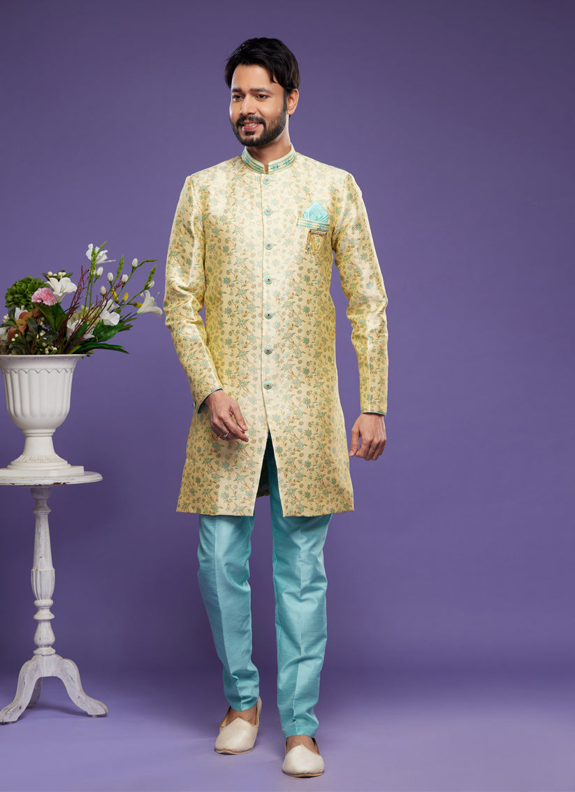 Yellow Banarasi Jacquard Indo Western Outfit
