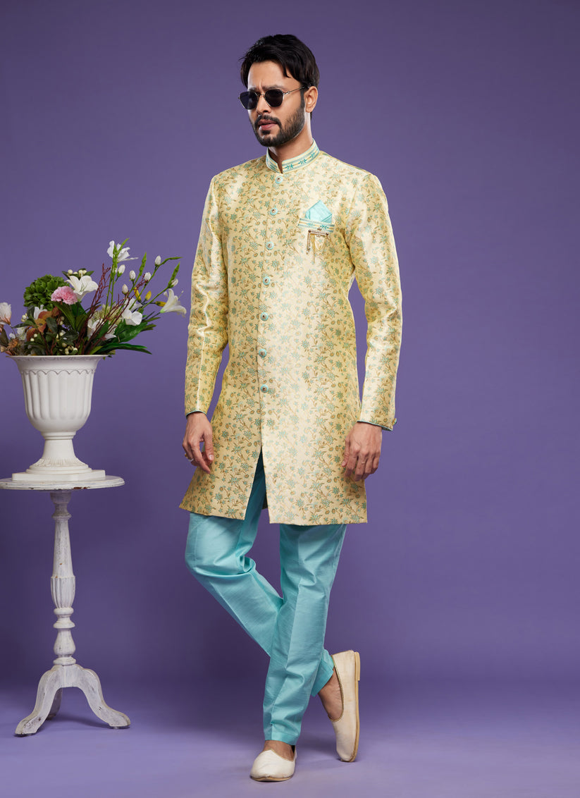 Yellow Banarasi Jacquard Indo Western Outfit