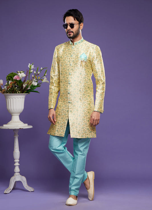 Yellow Banarasi Jacquard Indo Western Outfit