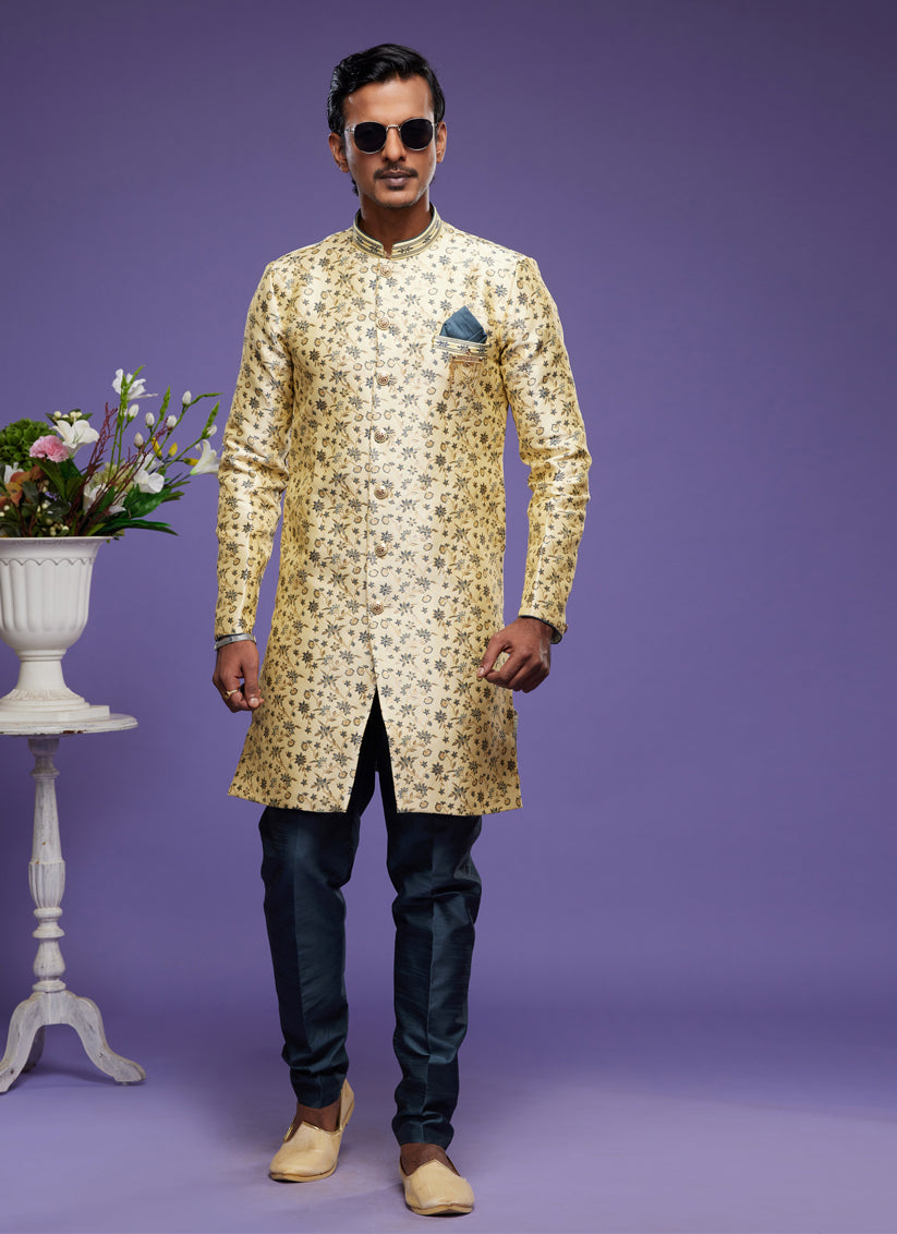 Golden Banarasi Jacquard Indo Western Outfit