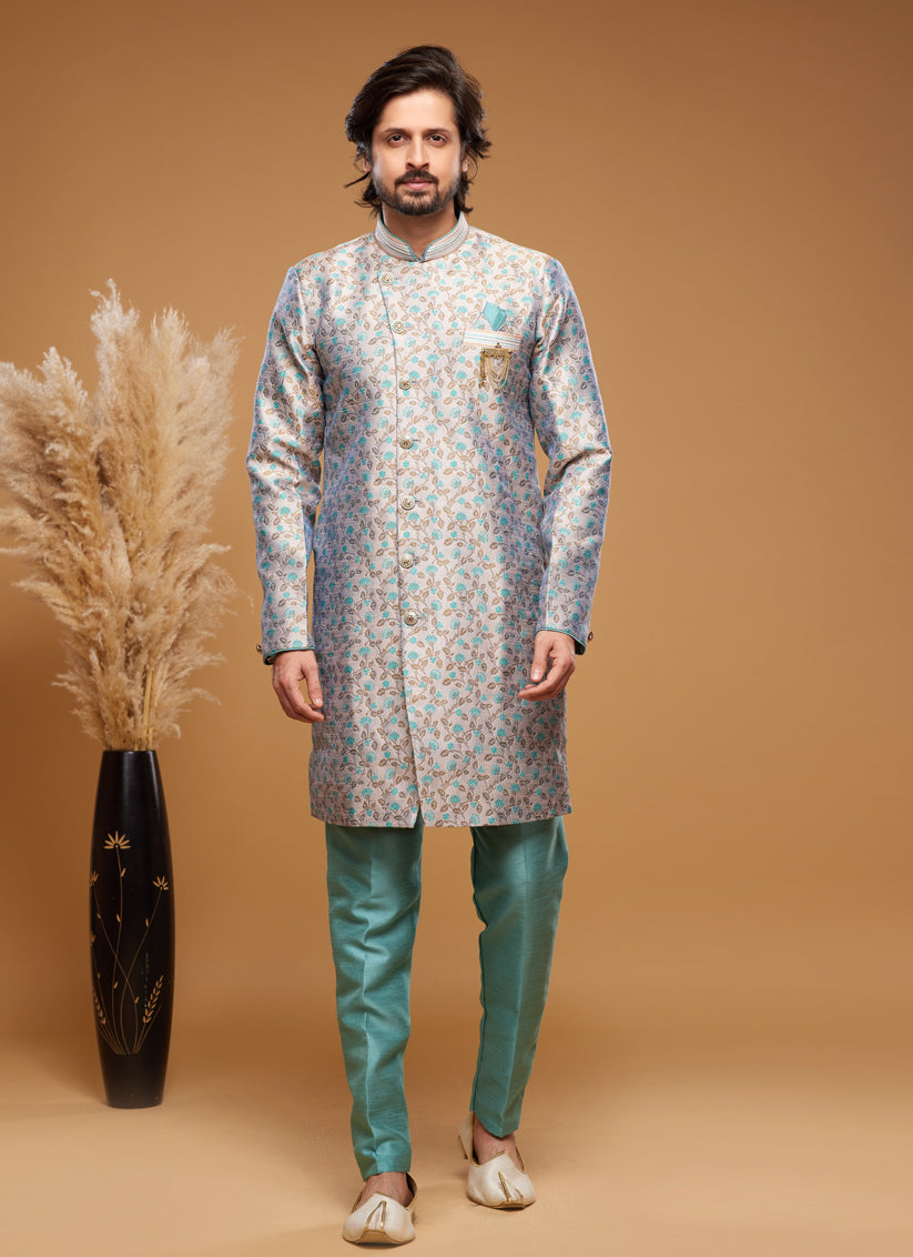Turquoise Blue Banarasi Jacquard Indo Western Outfit