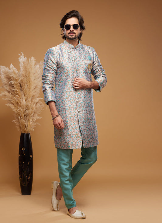 Turquoise Blue Banarasi Jacquard Indo Western Outfit