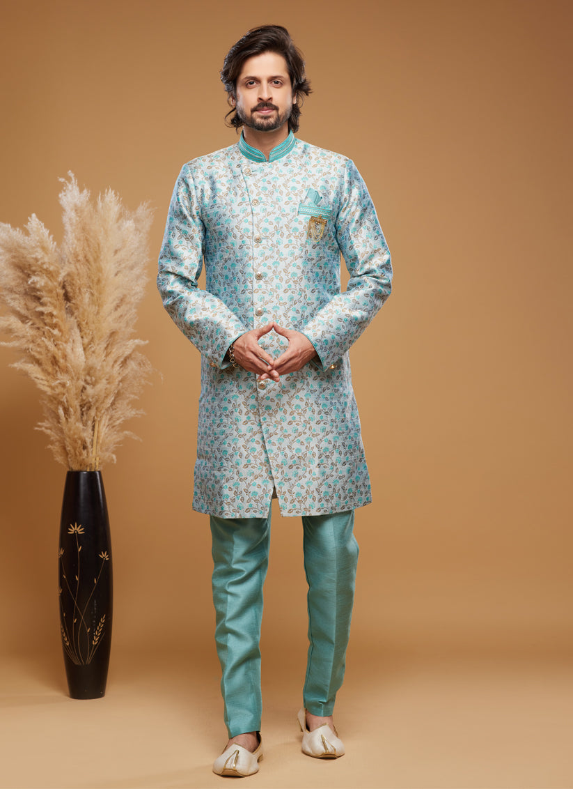 Turquoise Blue Banarasi Jacquard Indo Western Outfit