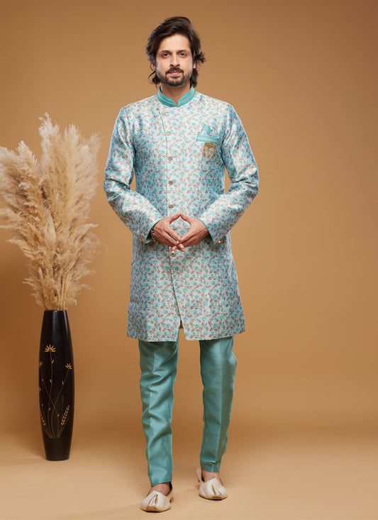 Turquoise Blue Banarasi Jacquard Indo Western Outfit