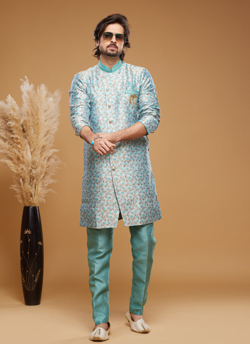 Turquoise Blue Banarasi Jacquard Indo Western Outfit