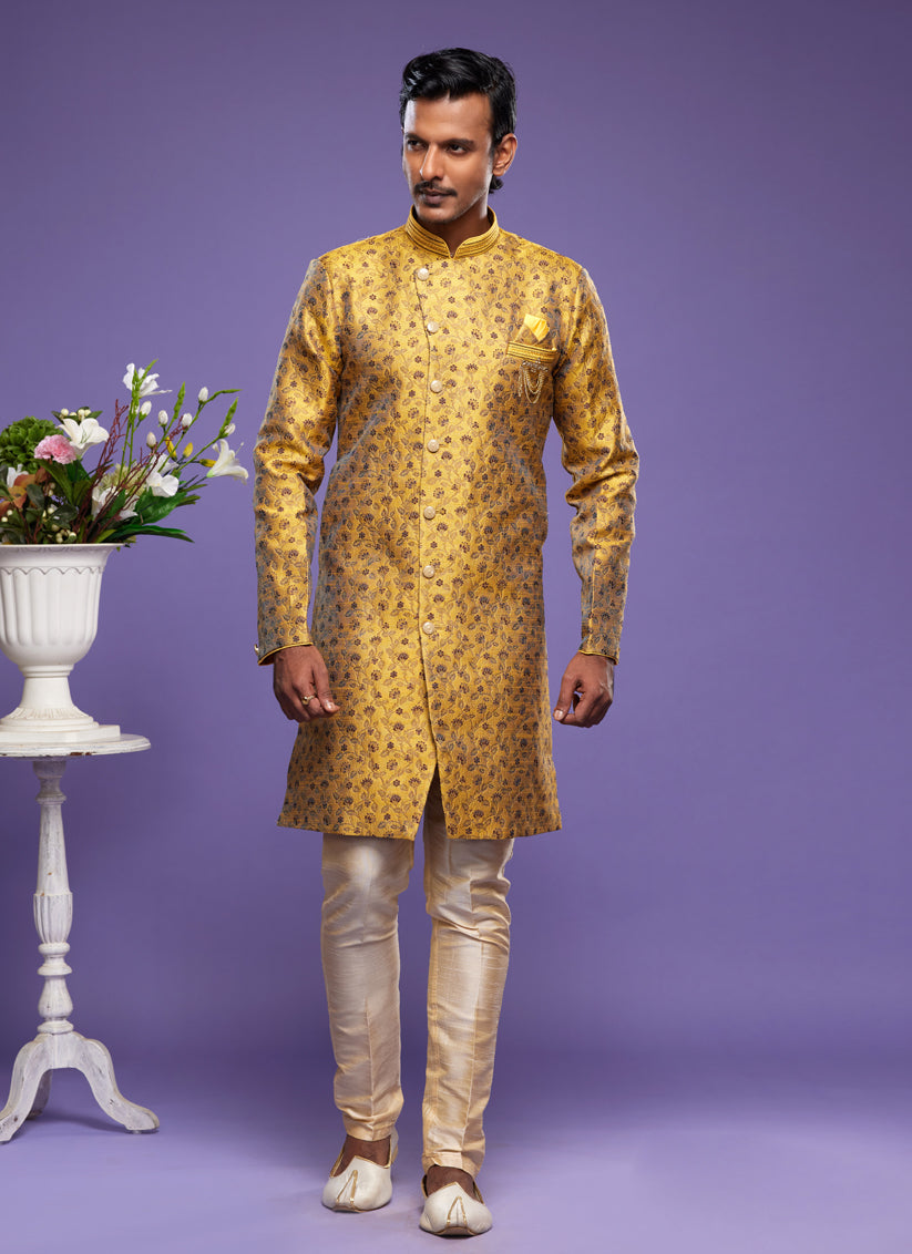 Golden Yellow Banarasi Jacquard Indo Western Outfit