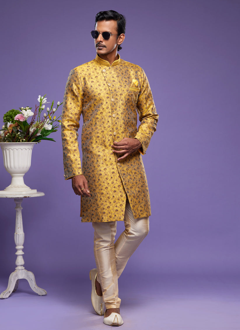 Golden Yellow Banarasi Jacquard Indo Western Outfit