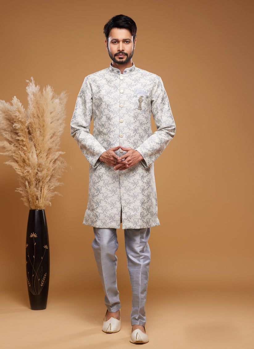 Off White Banarasi Jacquard Indo Western Outfit
