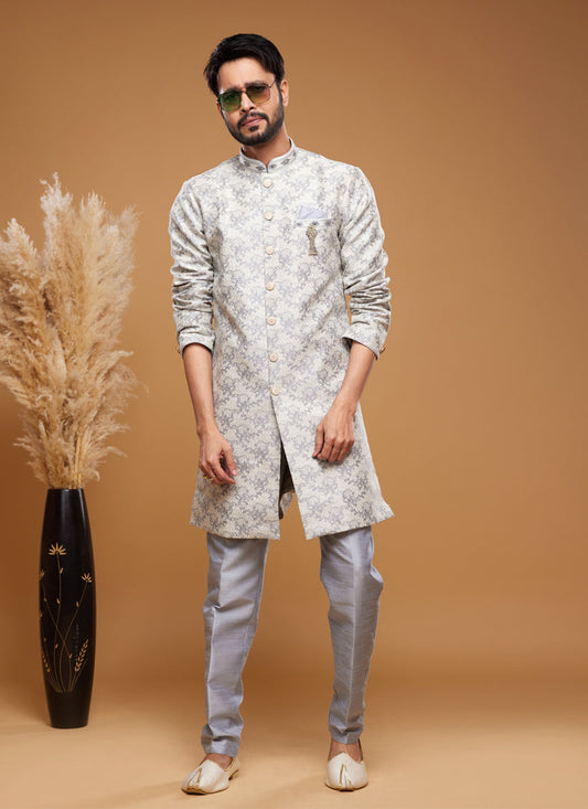 Off White Banarasi Jacquard Indo Western Outfit
