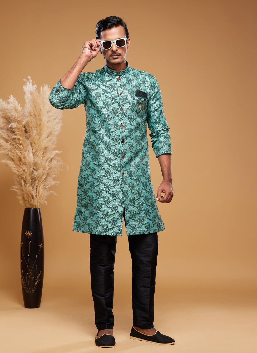 Rama Green Banarasi Jacquard Indo Western Outfit