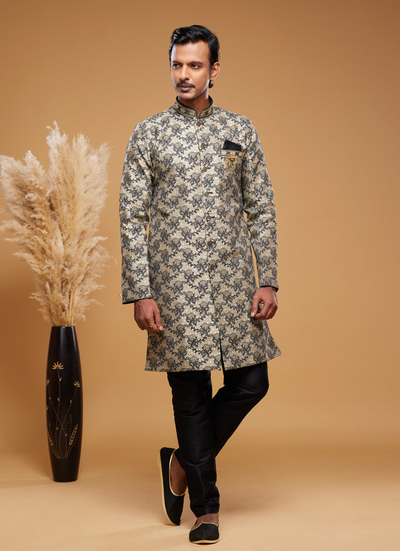 Beige Banarasi Jacquard Indo Western Outfit