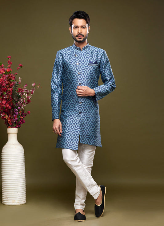 Navy Blue Banarasi Jacquard Indo Western Outfit