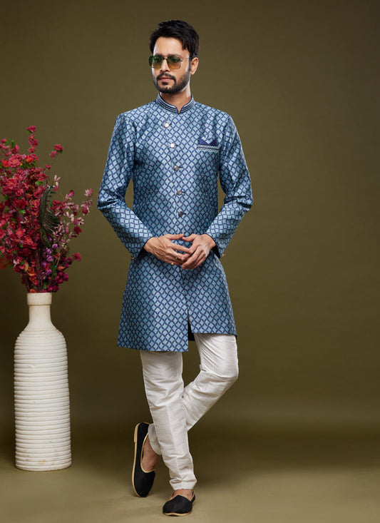 Navy Blue Banarasi Jacquard Indo Western Outfit