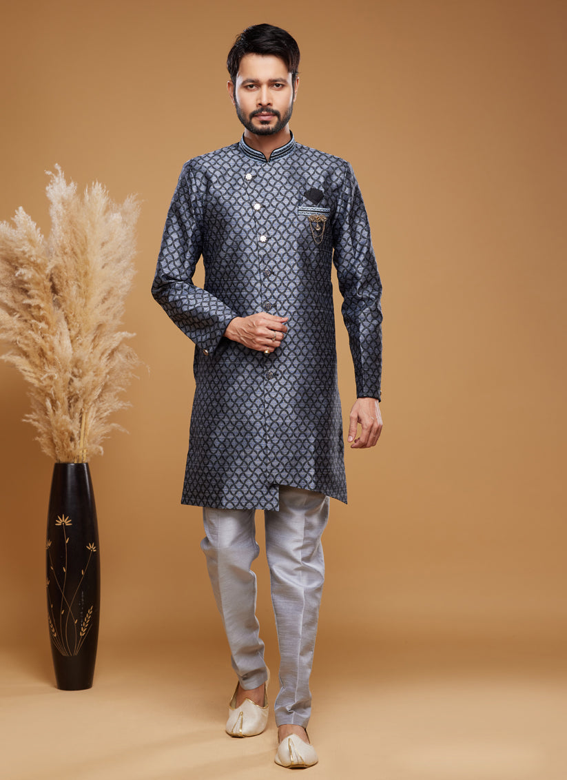 Navy Blue Banarasi Jacquard Indo Western Outfit