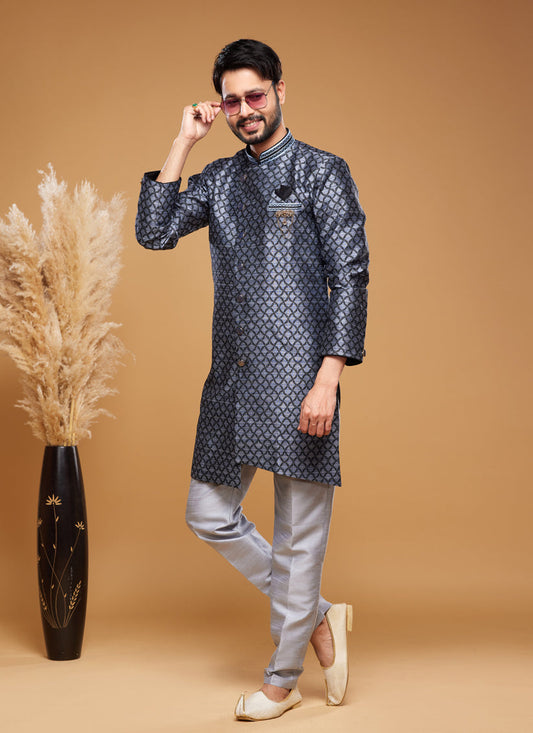 Navy Blue Banarasi Jacquard Indo Western Outfit