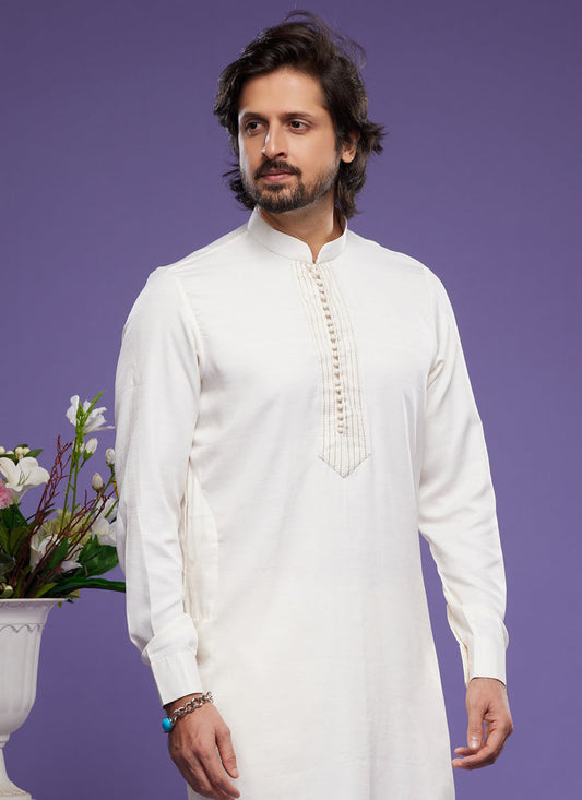 White Art Silk Mens Kurta Pajama Set