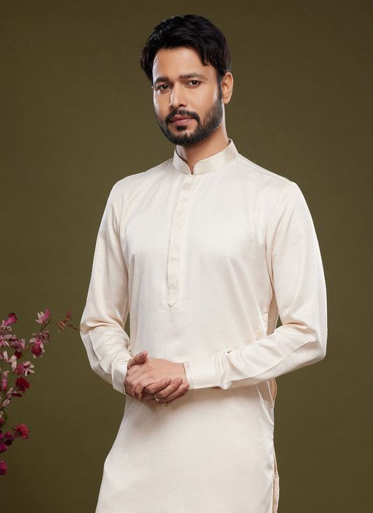 Off White Art Silk Mens Kurta Pajama Set