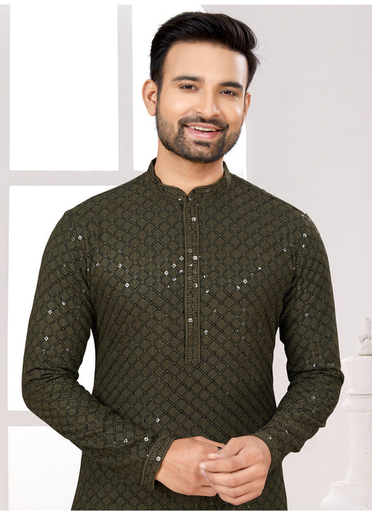 Bottle Green Lukhnowi Kurta Pyjama Set