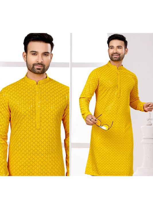 Golden Yellow Lukhnowi Kurta Pyjama Set