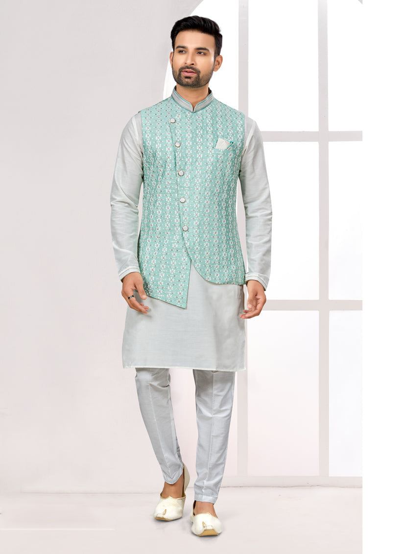 Off White Kurta Pyjama Set with Sea Green Jacket