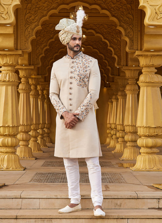 Cream Wedding Wear Sherwani